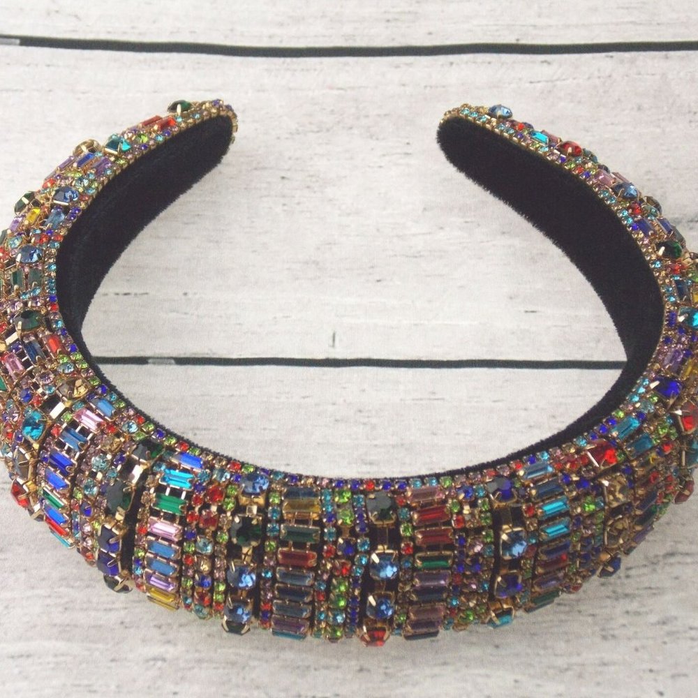 Natalie Mills Multi Colored Padded Headband Bling Gems Rhinestones Handmade Gift